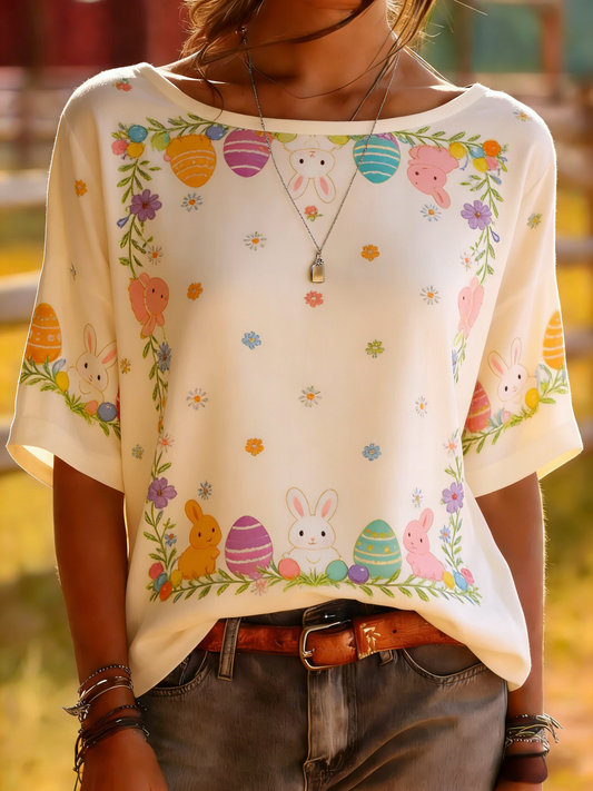 White Easter Bunny Floral Border Print Top - Spring Holiday Tee