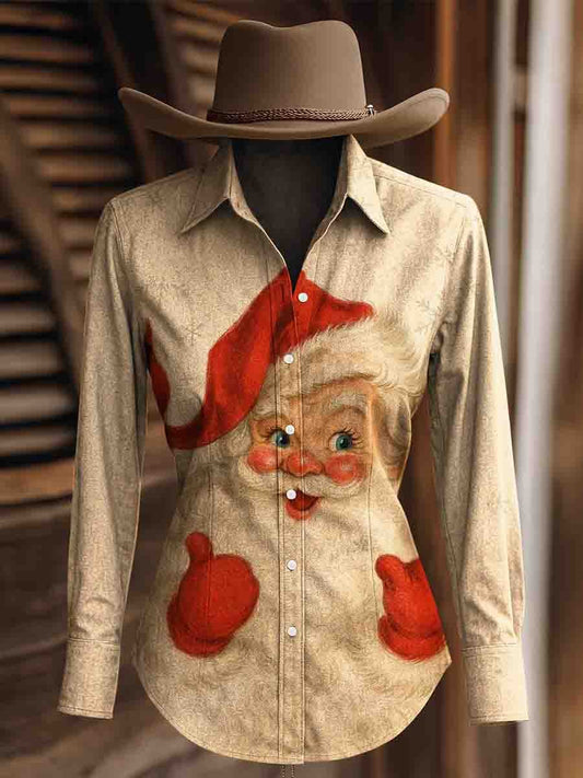 Women's Vintage Christmas Print Western Long Sleeve Shirt