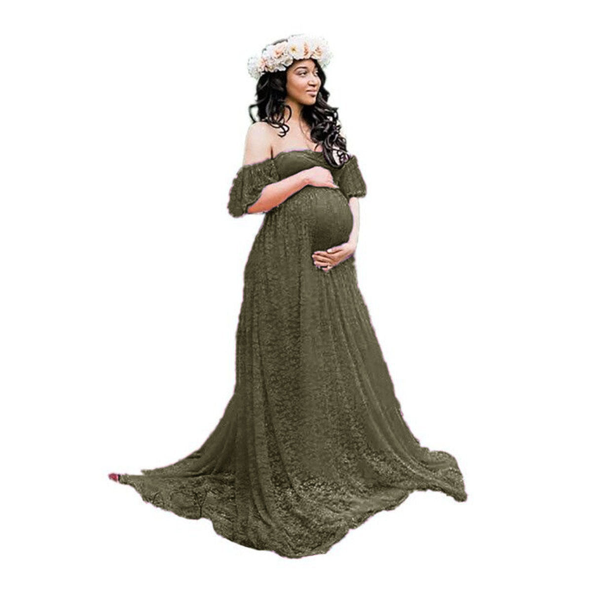 Maternity Photo Shoot Off Shoulder Lace Trailing Maxi Dress