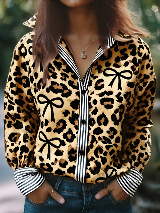 Leopard Bow Print Striped Collar Long Sleeve Blouse