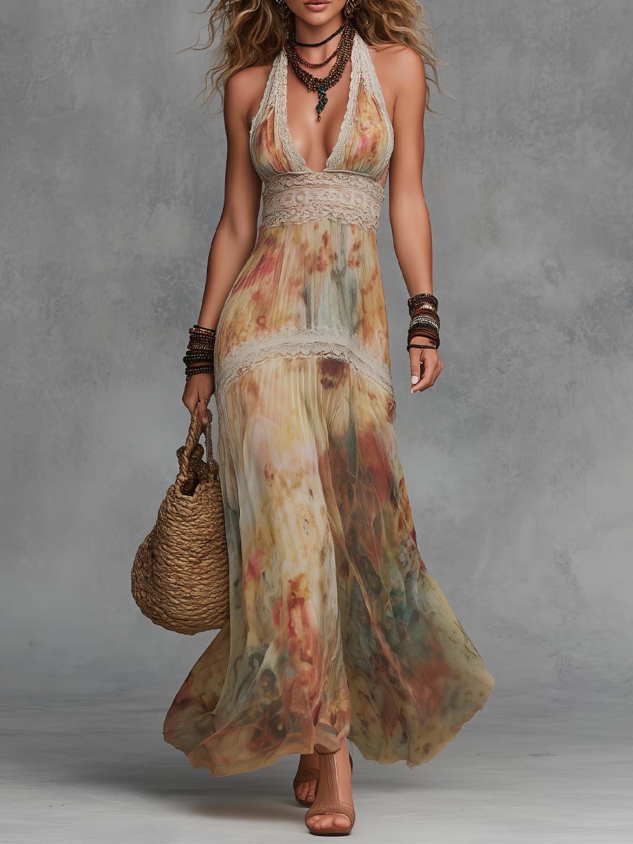 Bohemian Halter Chiffon Lace Watercolor Print Maxi Dress