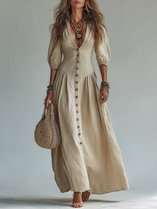 Boho-Chic Slub Cotton Button-Down Maxi Dress