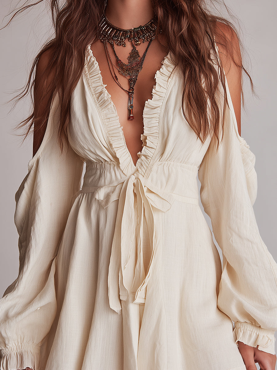Boho Cotton Mini Dress With Cutout Shoulders And Lantern Sleeves