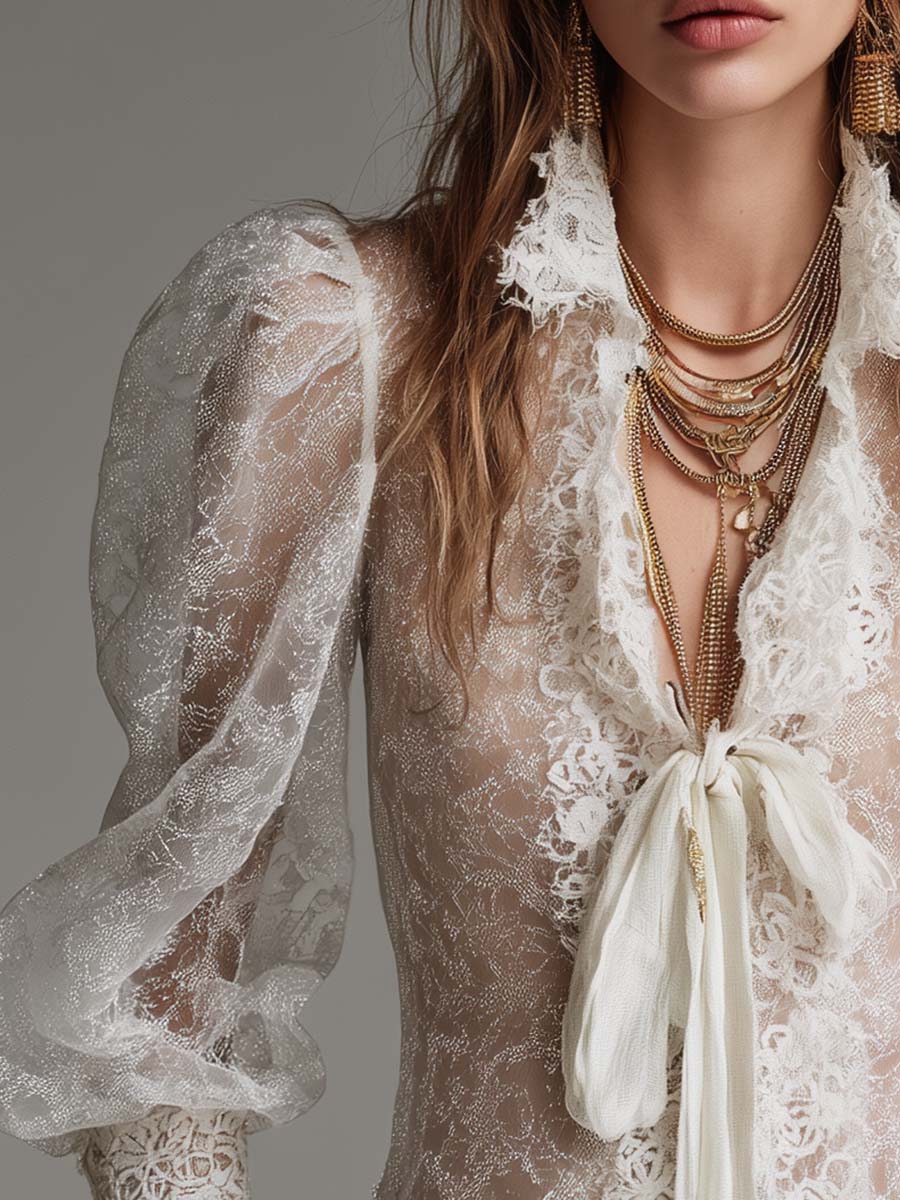 Vintage-Inspired Sheer Lace Puff Sleeve Blouse