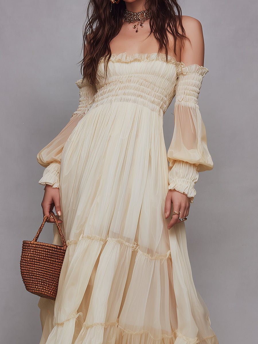 Romantic Shirred Off-the-Shoulder Chiffon Maxi Dress