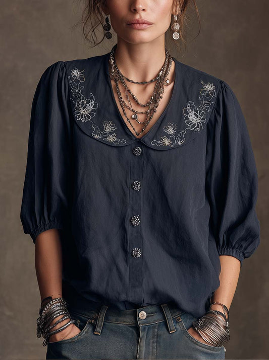 Retro Embroidered Shirt With Peter Pan Collar