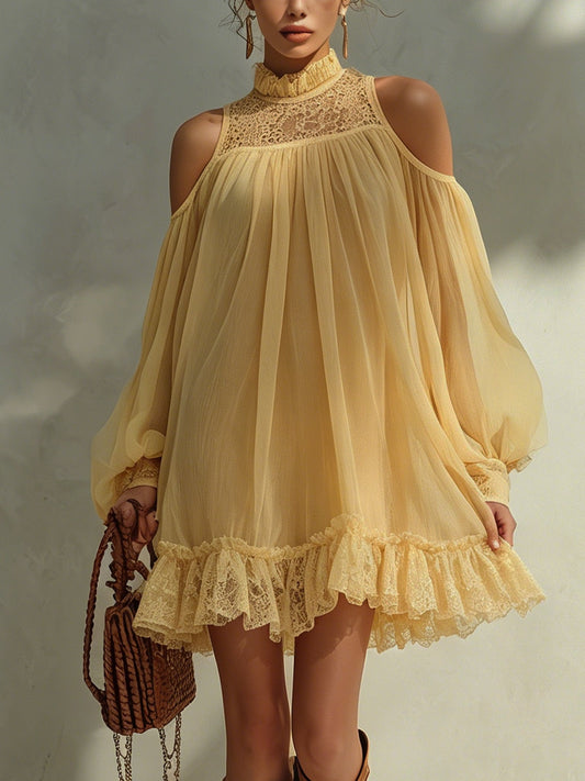 Lemon Chiffon  Mini Dress With Lace Hem