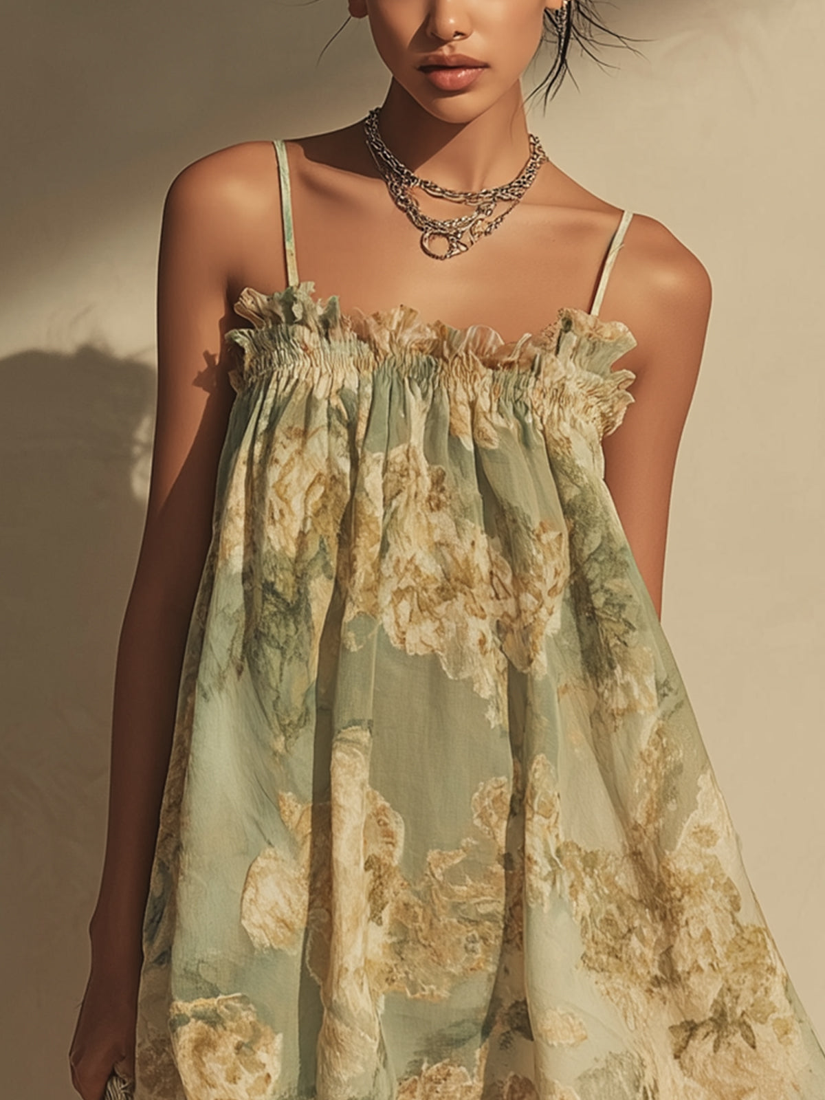 Green Floral Chiffon Mini Dress