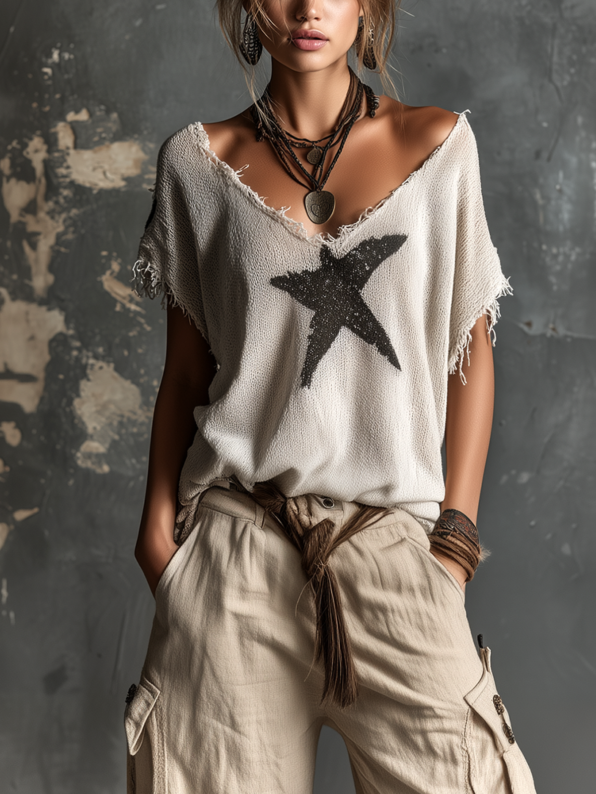 Chic Casual White V-Neck Star Jacquard Raw Edge Dolman Sleeves Loose-Fit Knit SweaterTop