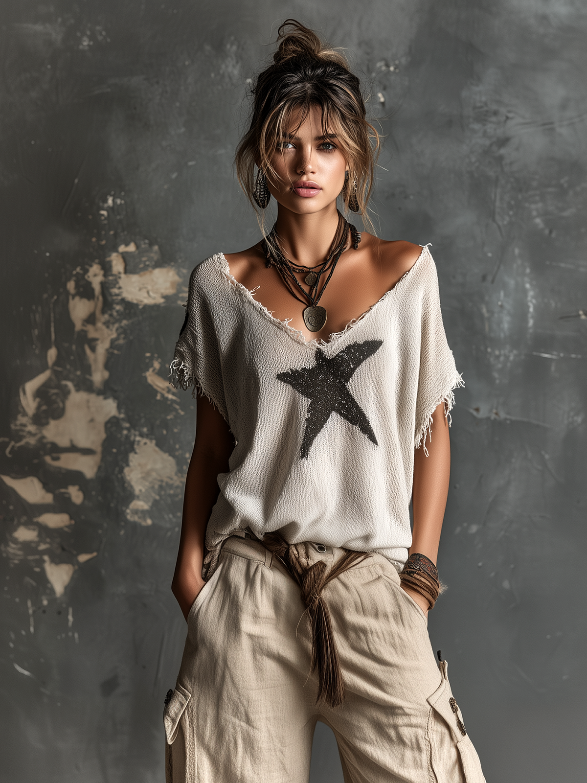 Chic Casual White V-Neck Star Jacquard Raw Edge Dolman Sleeves Loose-Fit Knit SweaterTop