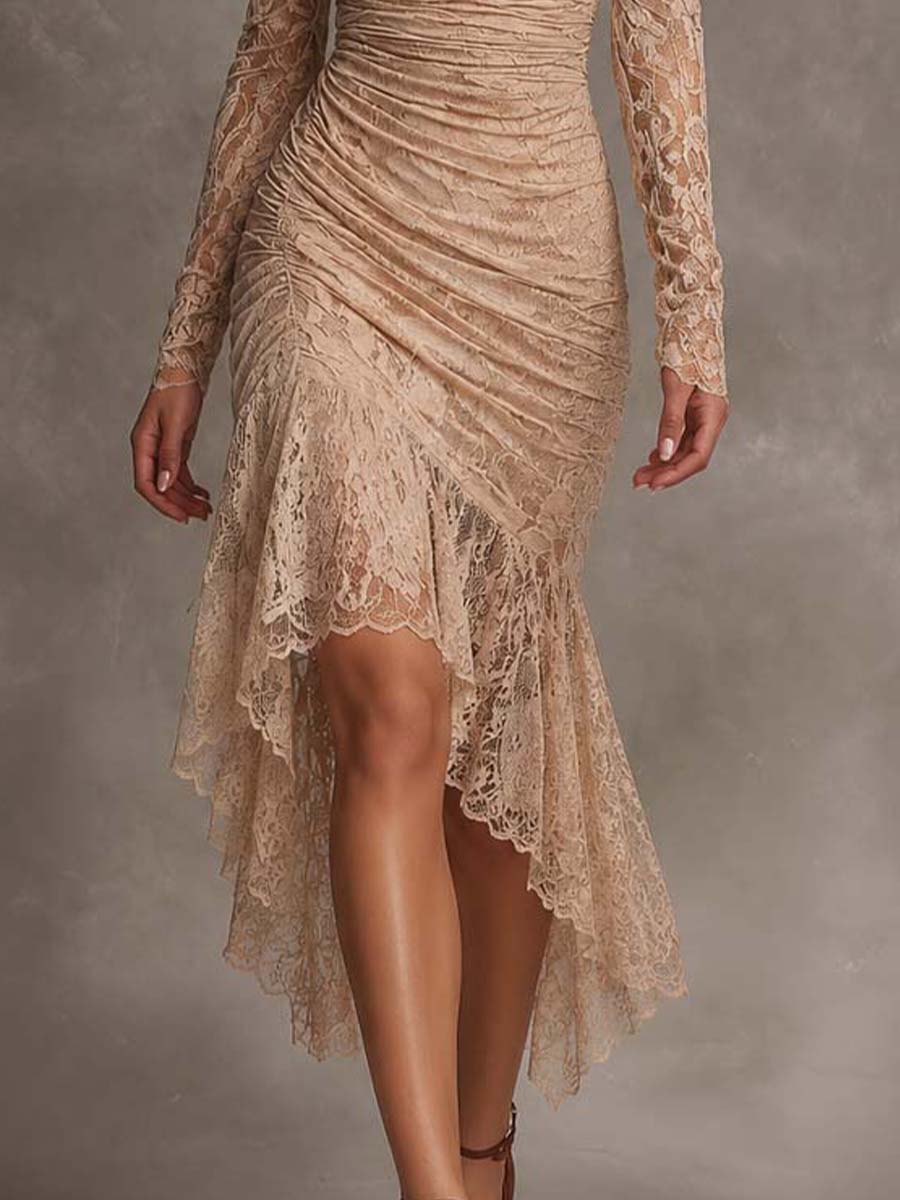 Romantic Bohemian One Shoulder Long Sleeve Lace Ruched High Low Midi Dress