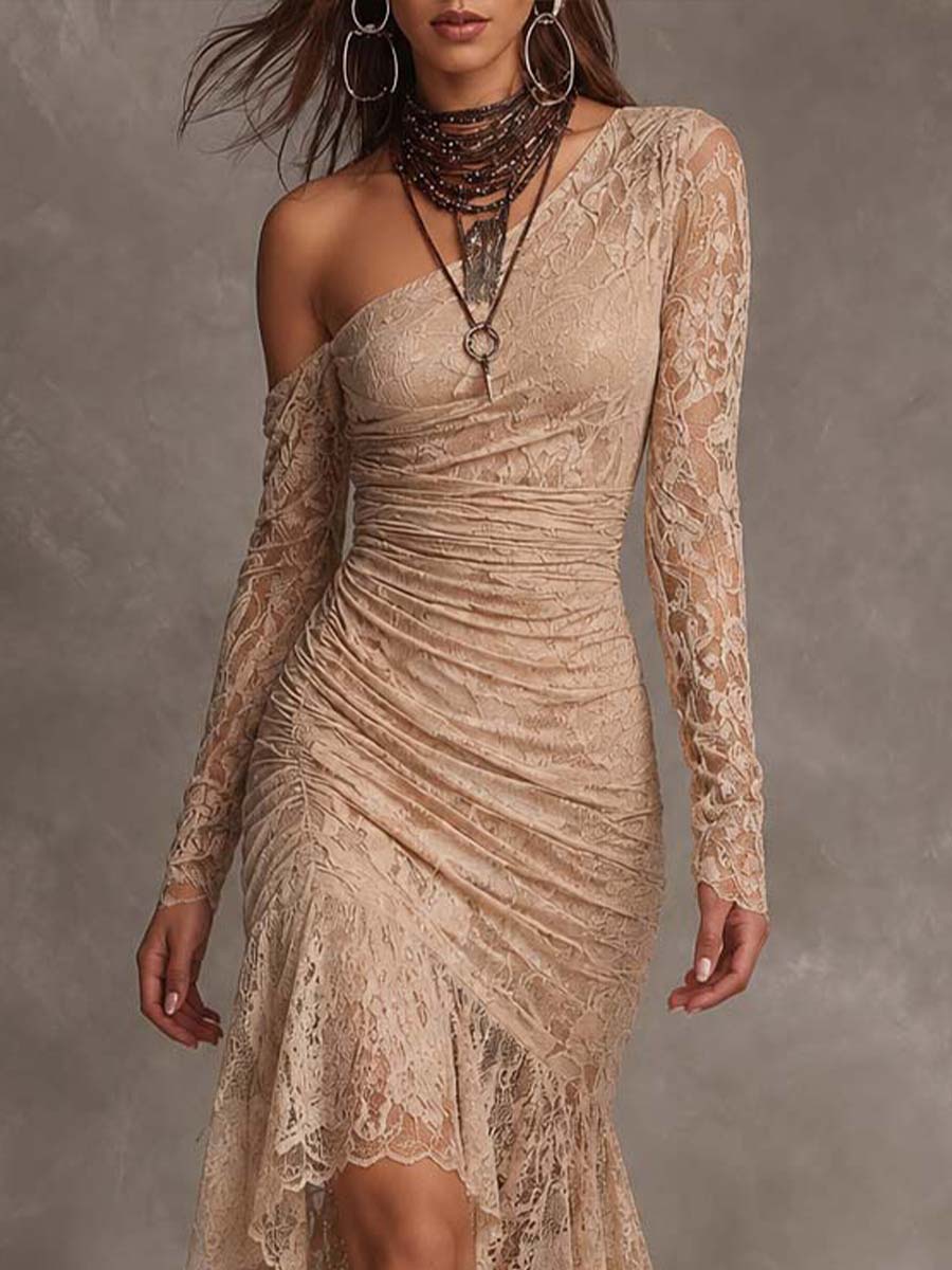 Romantic Bohemian One Shoulder Long Sleeve Lace Ruched High Low Midi Dress