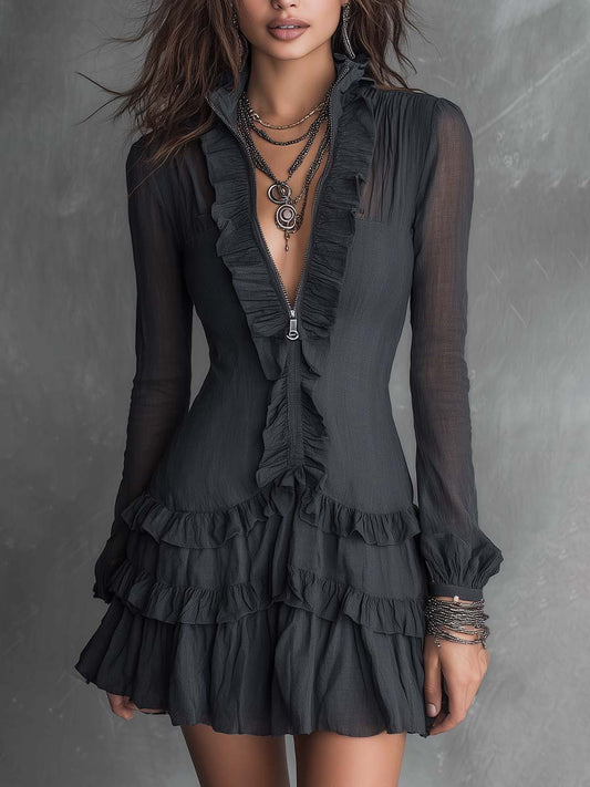 Boho Zip Front Ruffle Trim Sheer Long Sleeve Tiered Mini Dress