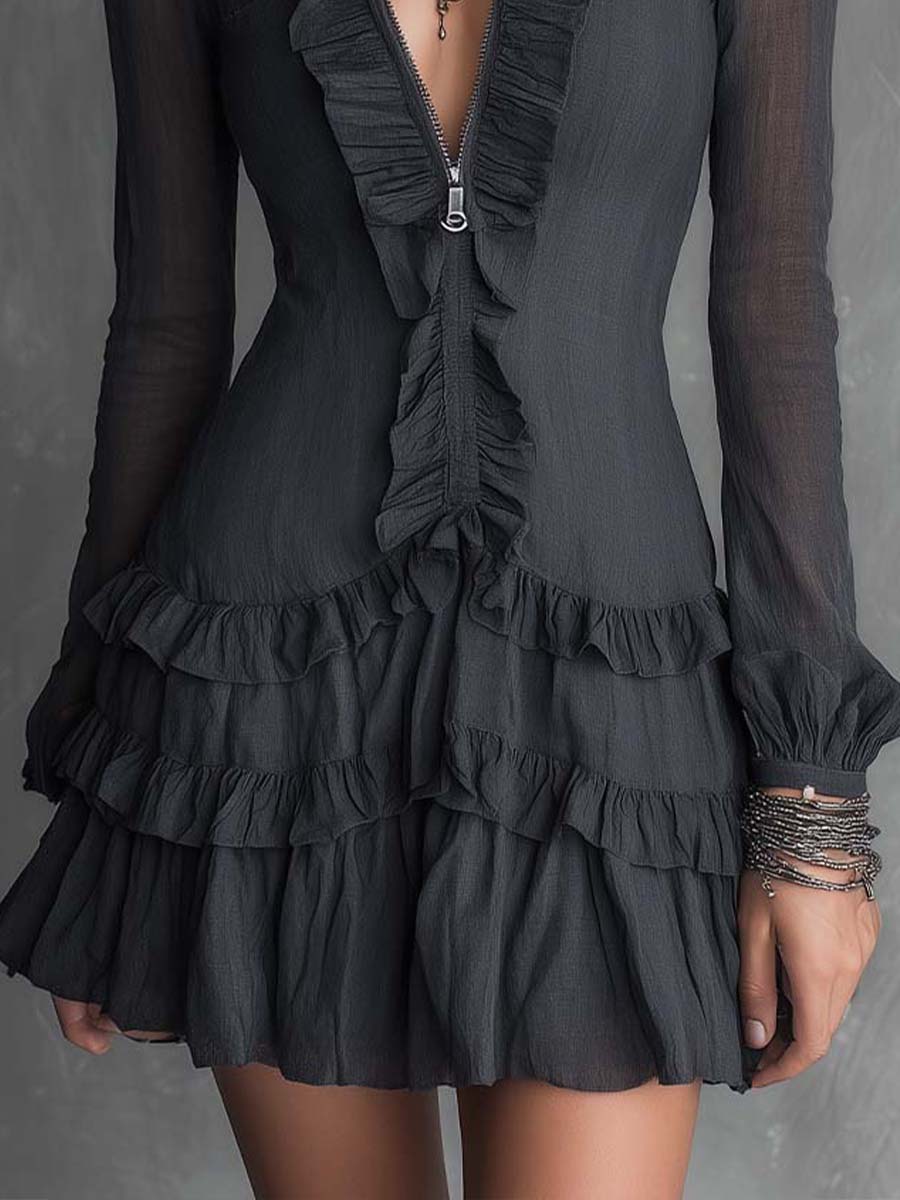 Boho Zip Front Ruffle Trim Sheer Long Sleeve Tiered Mini Dress