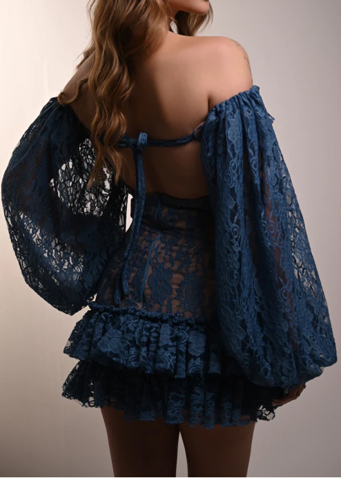 Off-Shoulder Lace Balloon Sleeve Ruffle Mini Dress