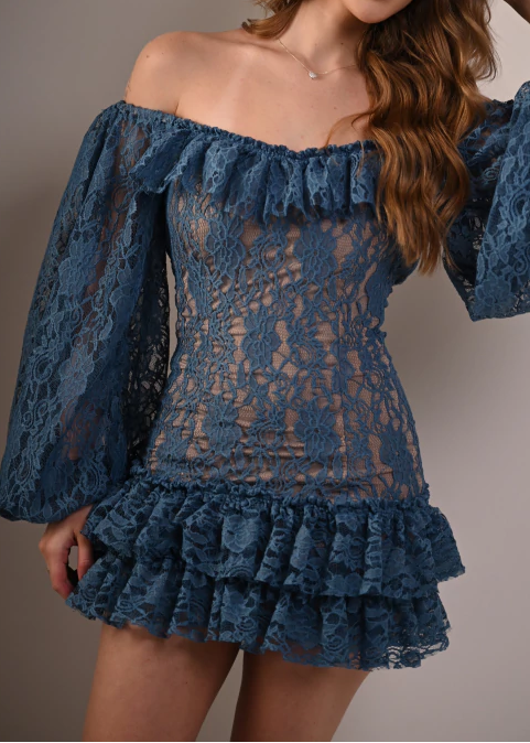 Off-Shoulder Lace Balloon Sleeve Ruffle Mini Dress