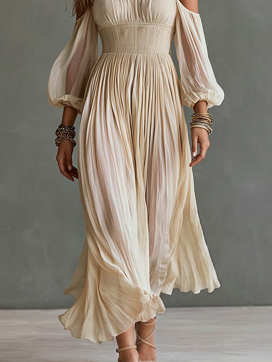 Boho Cold Shoulder Smocked Waist Pleated Midi Dress