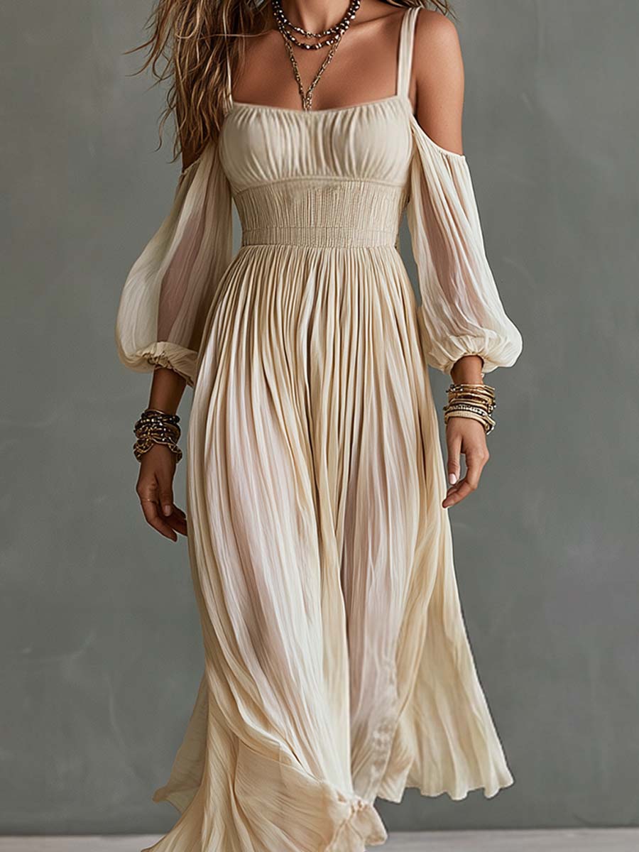 Boho Cold Shoulder Smocked Waist Pleated Midi Dress