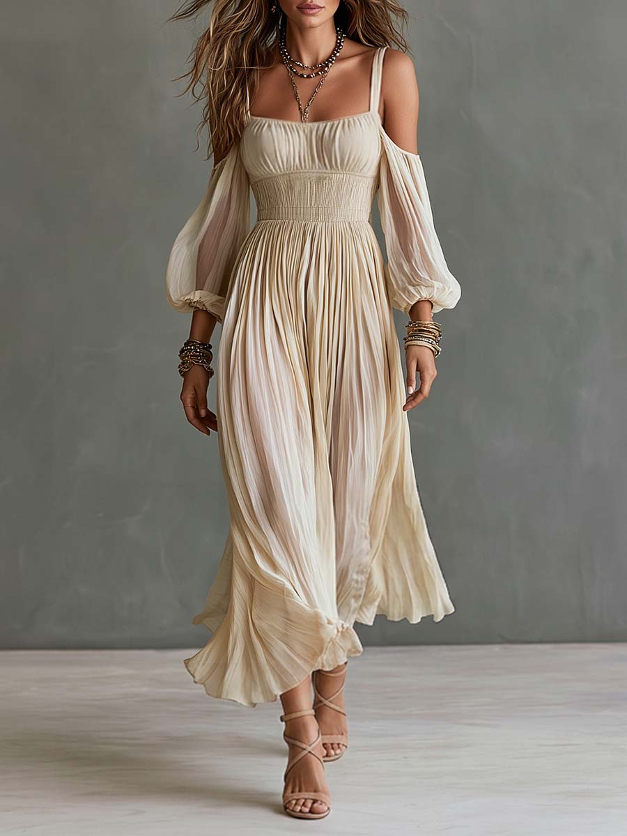 Boho Cold Shoulder Smocked Waist Pleated Midi Dress