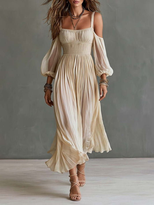 Boho Cold Shoulder Smocked Waist Pleated Midi Dress