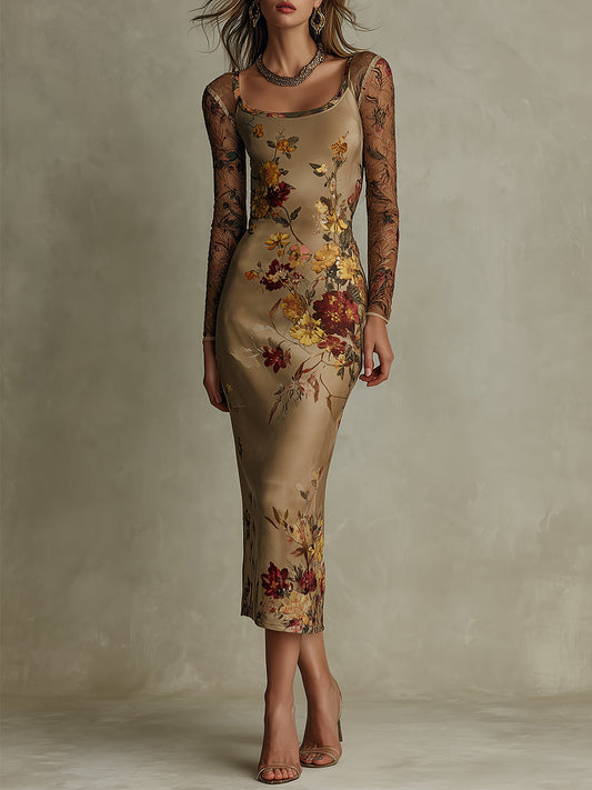 Vintage Floral Satin & Sheer Lace-Sleeve Midi Dress