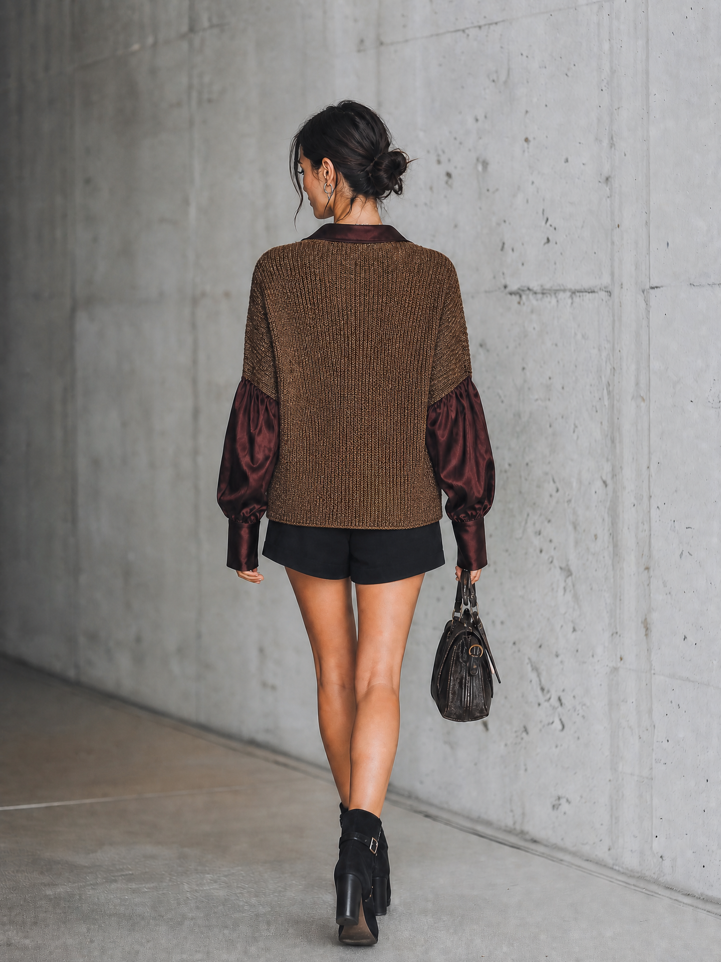 Women's Polo Collar Satin Sleeve Knit Brown Sweater