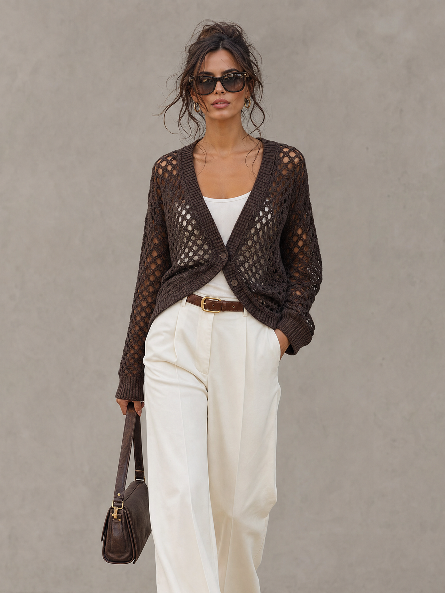 Women's Casual Long-sleeve Open-knit Cardigan With Two-button Closure