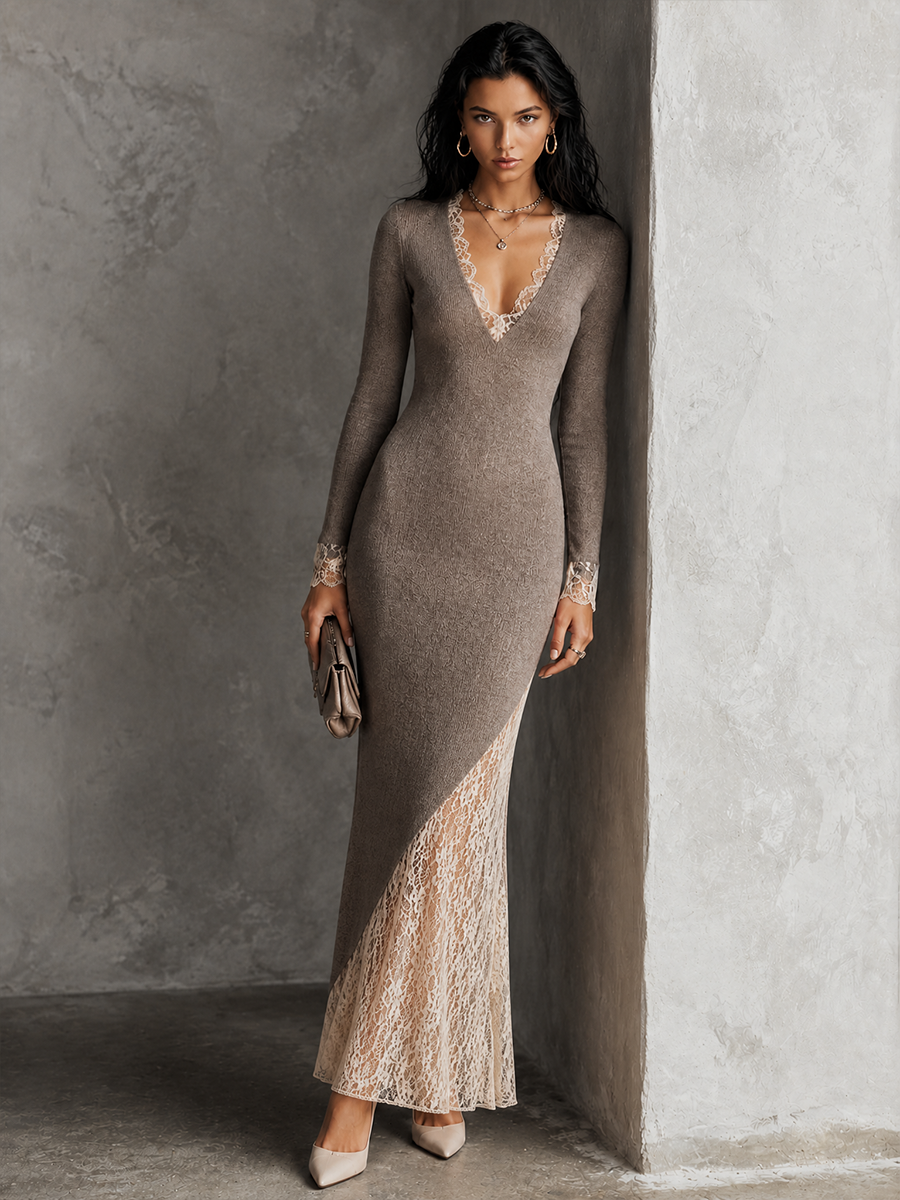 Women's Lace Panel Elegant Knit Maxi Dress