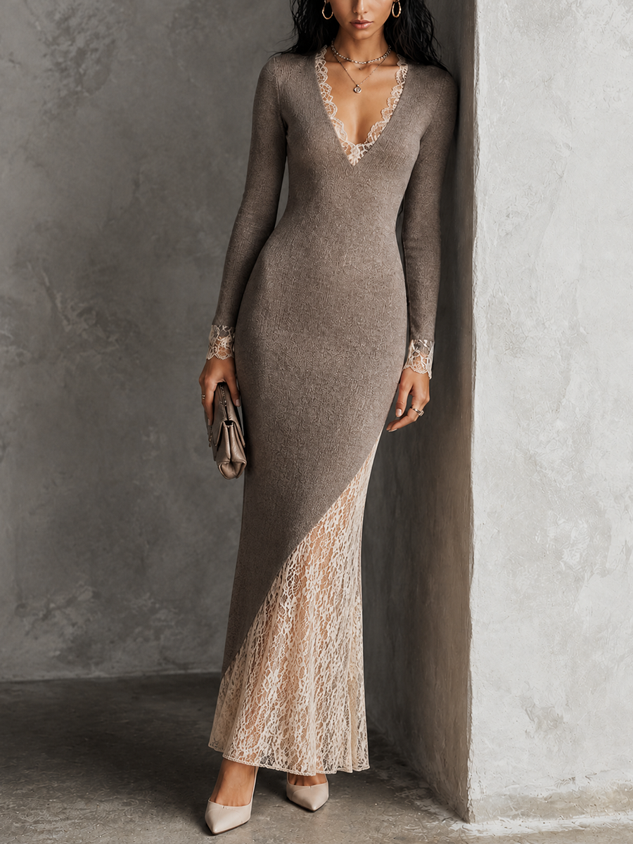 Women's Lace Panel Elegant Knit Maxi Dress