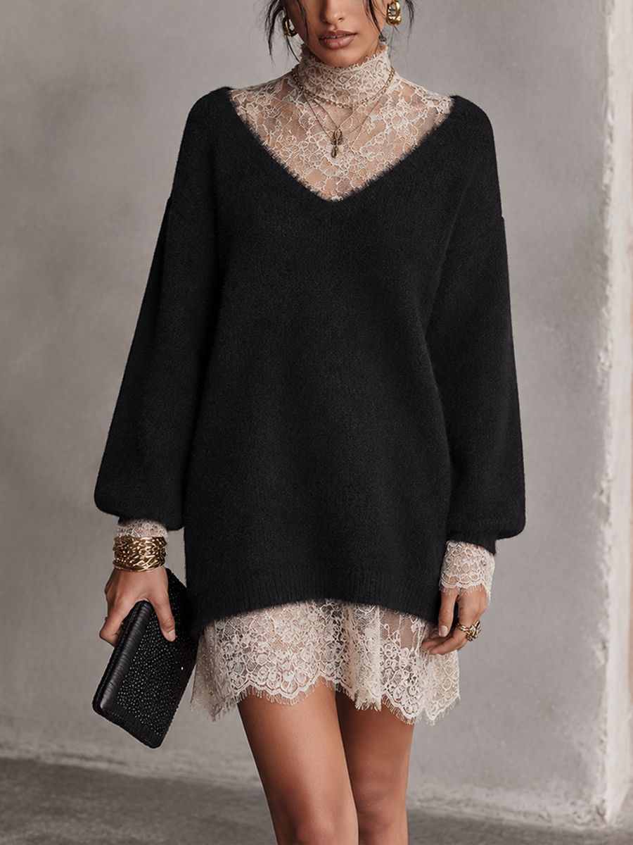 Women's Lace Trim Elegant Knit Mini Dress
