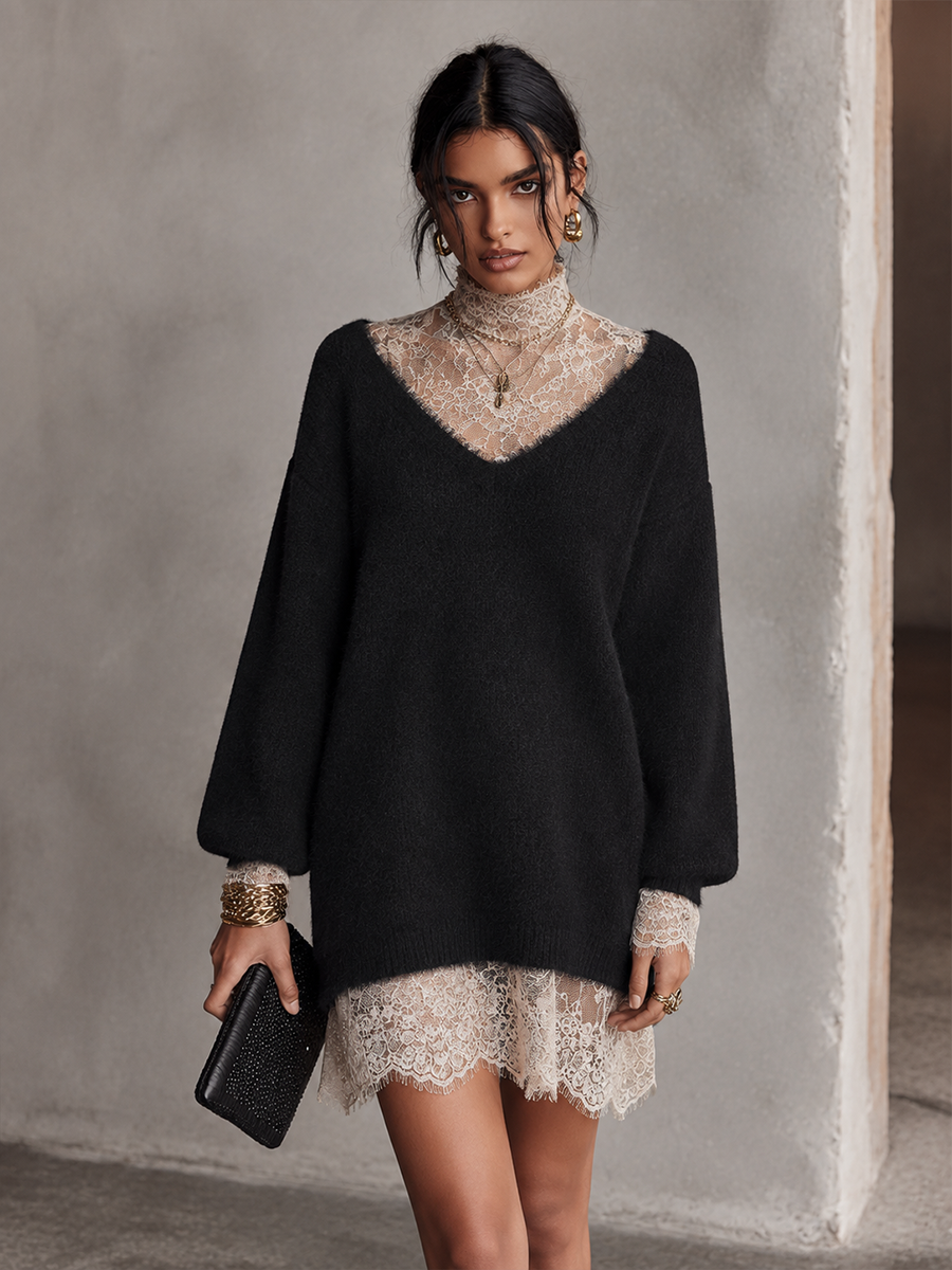 Women's Lace Trim Elegant Knit Mini Dress
