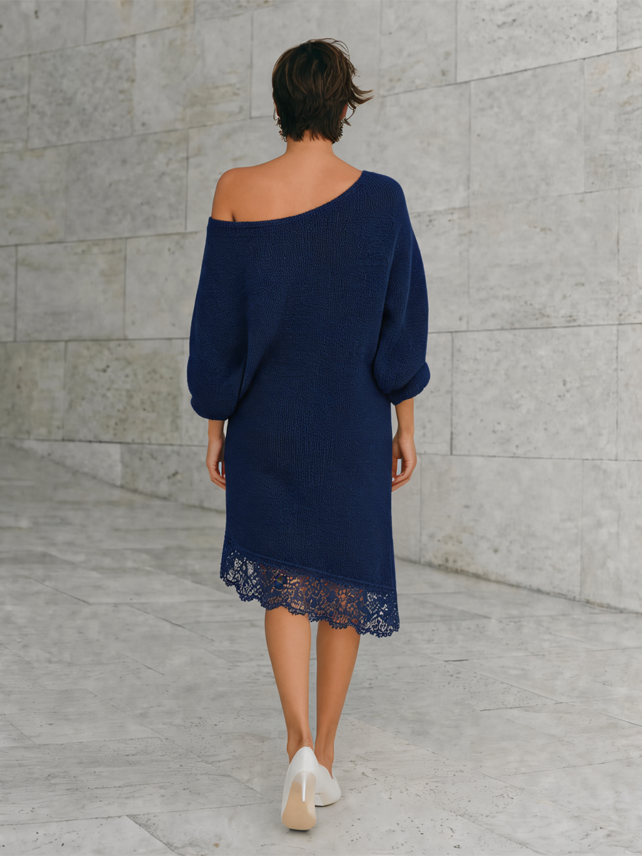 Women's One Shoulder Lace Hem Knit Navy Dress