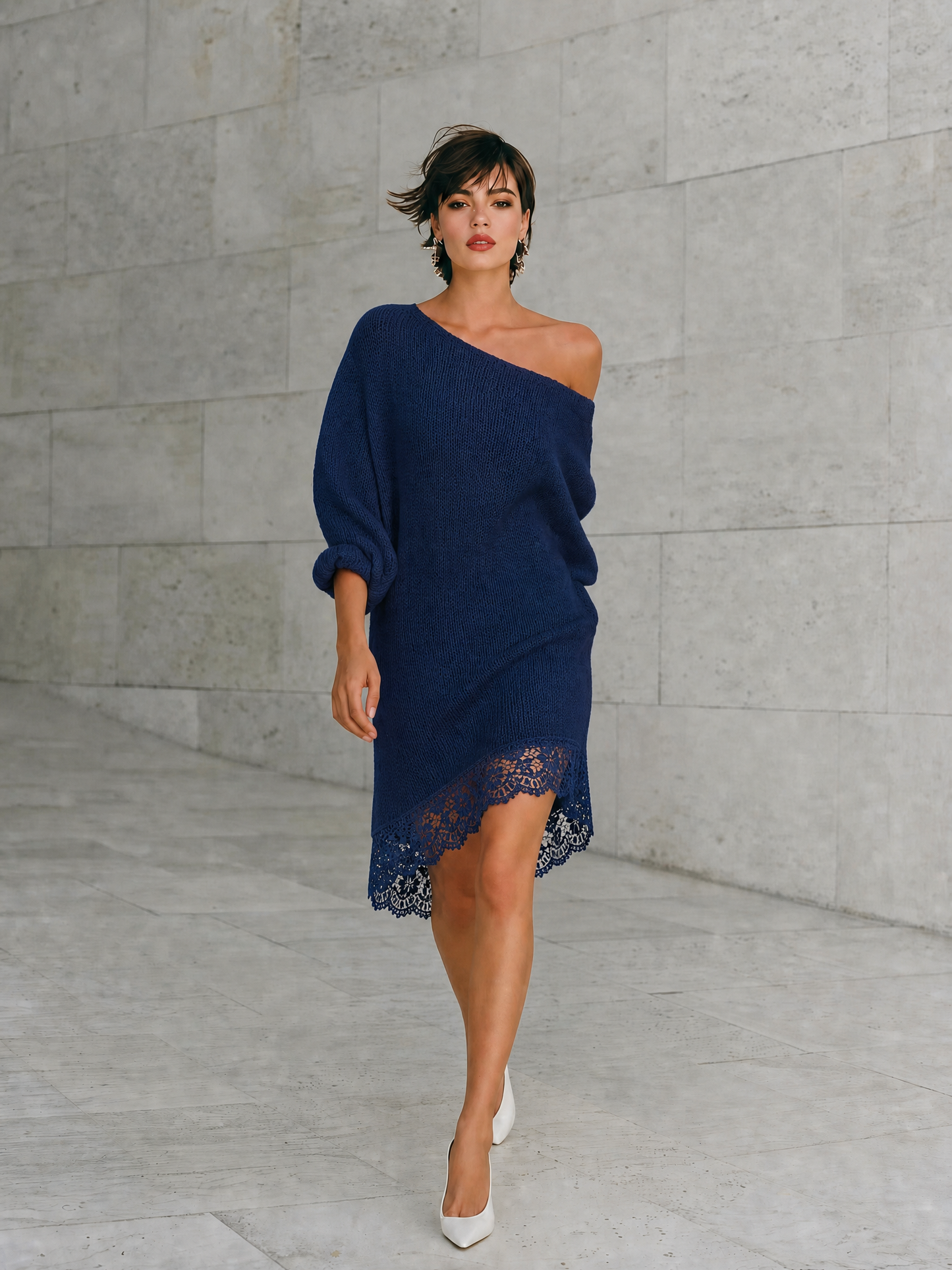 Women's One Shoulder Lace Hem Knit Navy Dress