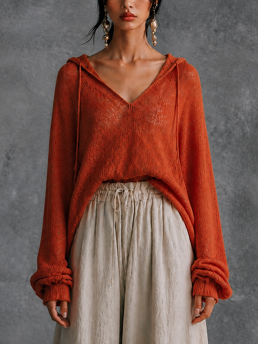 Women's Hooded Casual Knit V-Neck Top