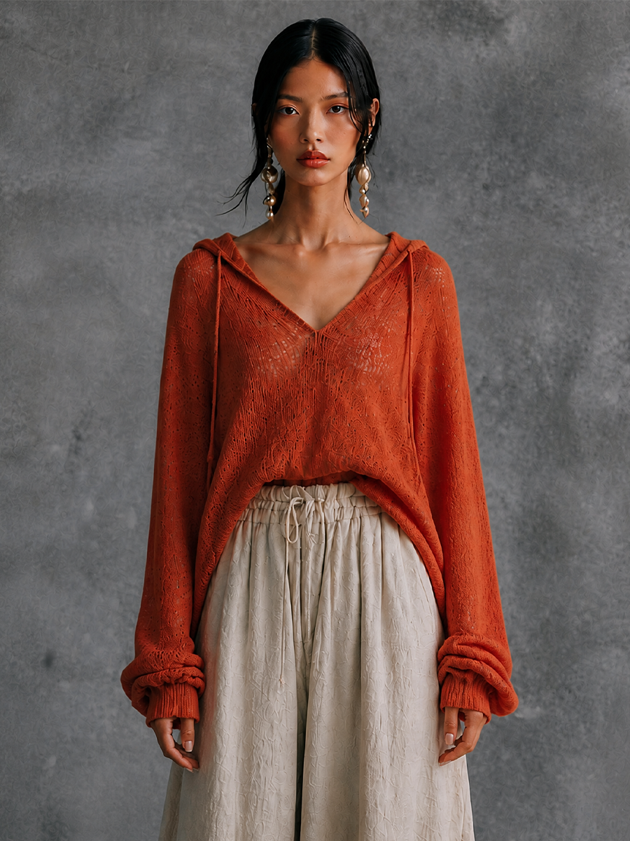 Women's Hooded Casual Knit V-Neck Top