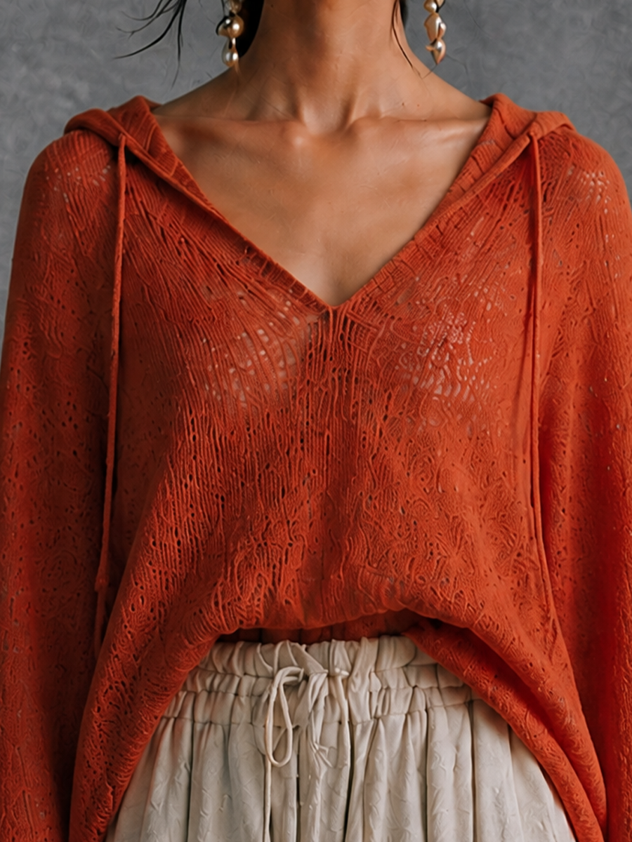 Women's Hooded Casual Knit V-Neck Top