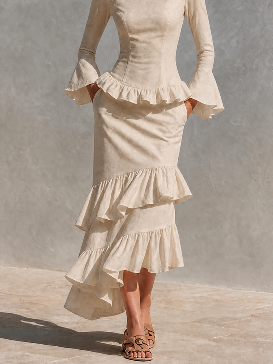 Women's Linen Ruffle Two‑Piece Set For Resort Brunch