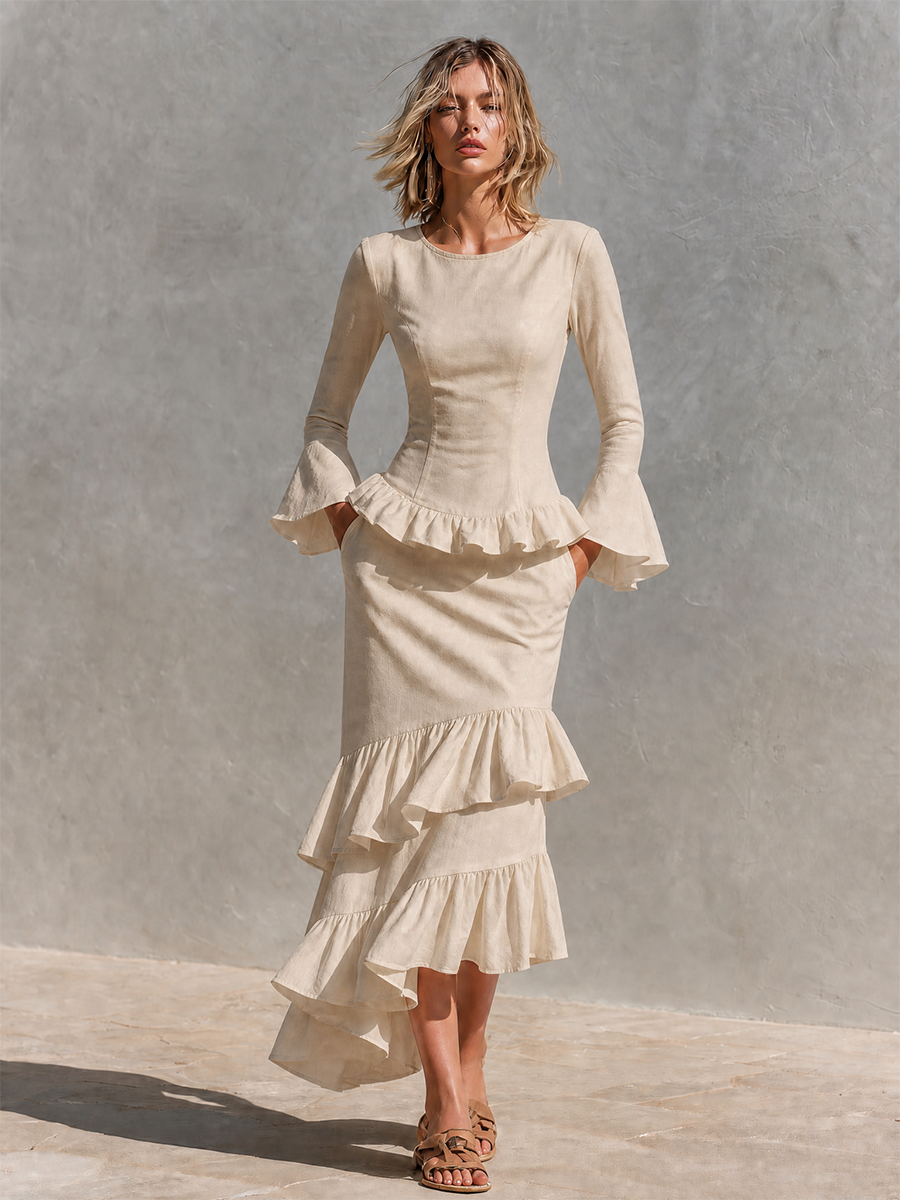 Women's Linen Ruffle Two‑Piece Set For Resort Brunch