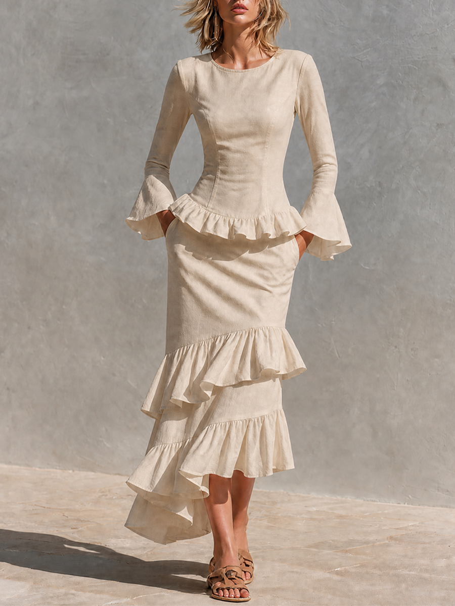 Women's Linen Ruffle Two‑Piece Set For Resort Brunch