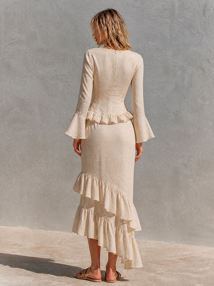 Women's Linen Ruffle Two‑Piece Set For Resort Brunch