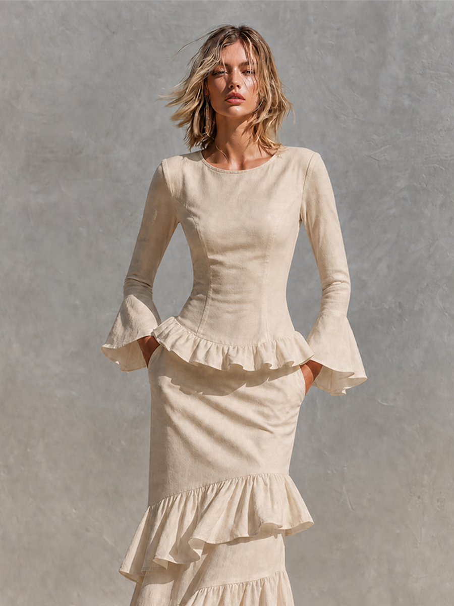 Women's Linen Ruffle Two‑Piece Set For Resort Brunch