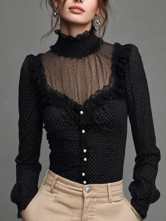 Romantic Black Polka Dot Sheer Lace Ruffle Blouse
