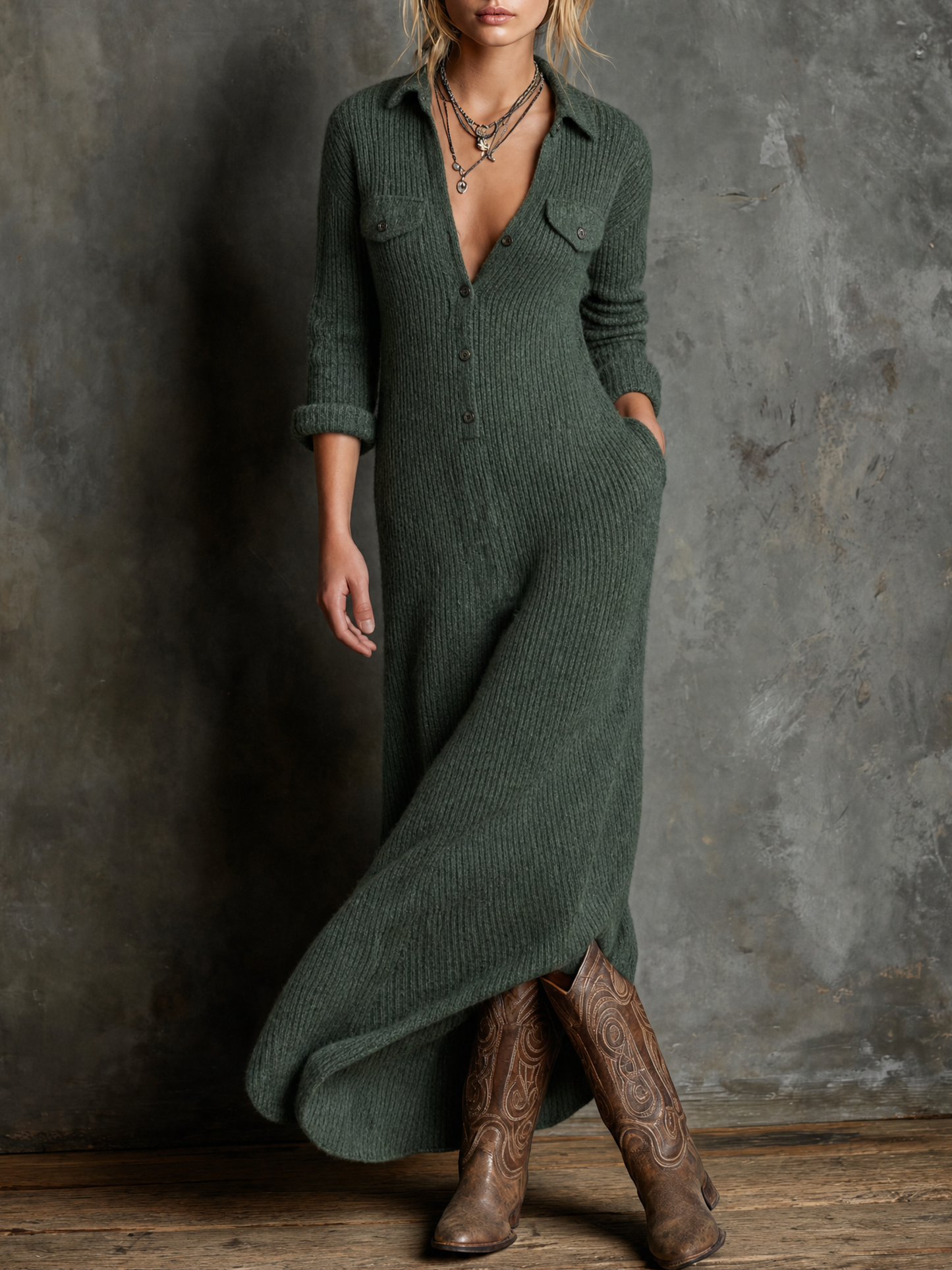 Women's Vintage Button-Front Collared Maxi Sweater Dress