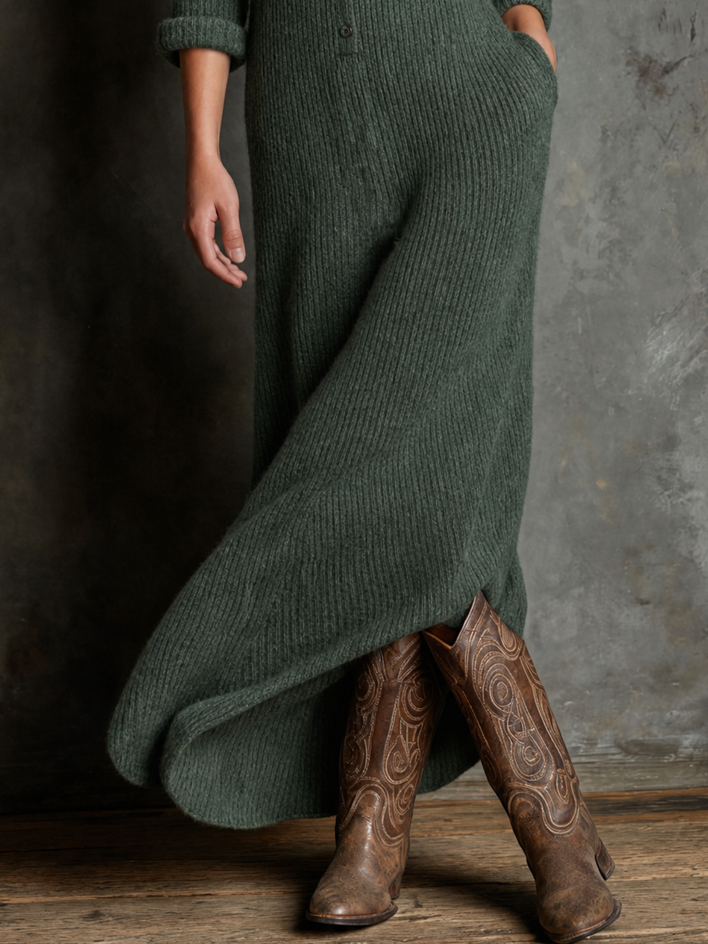 Women's Vintage Button-Front Collared Maxi Sweater Dress