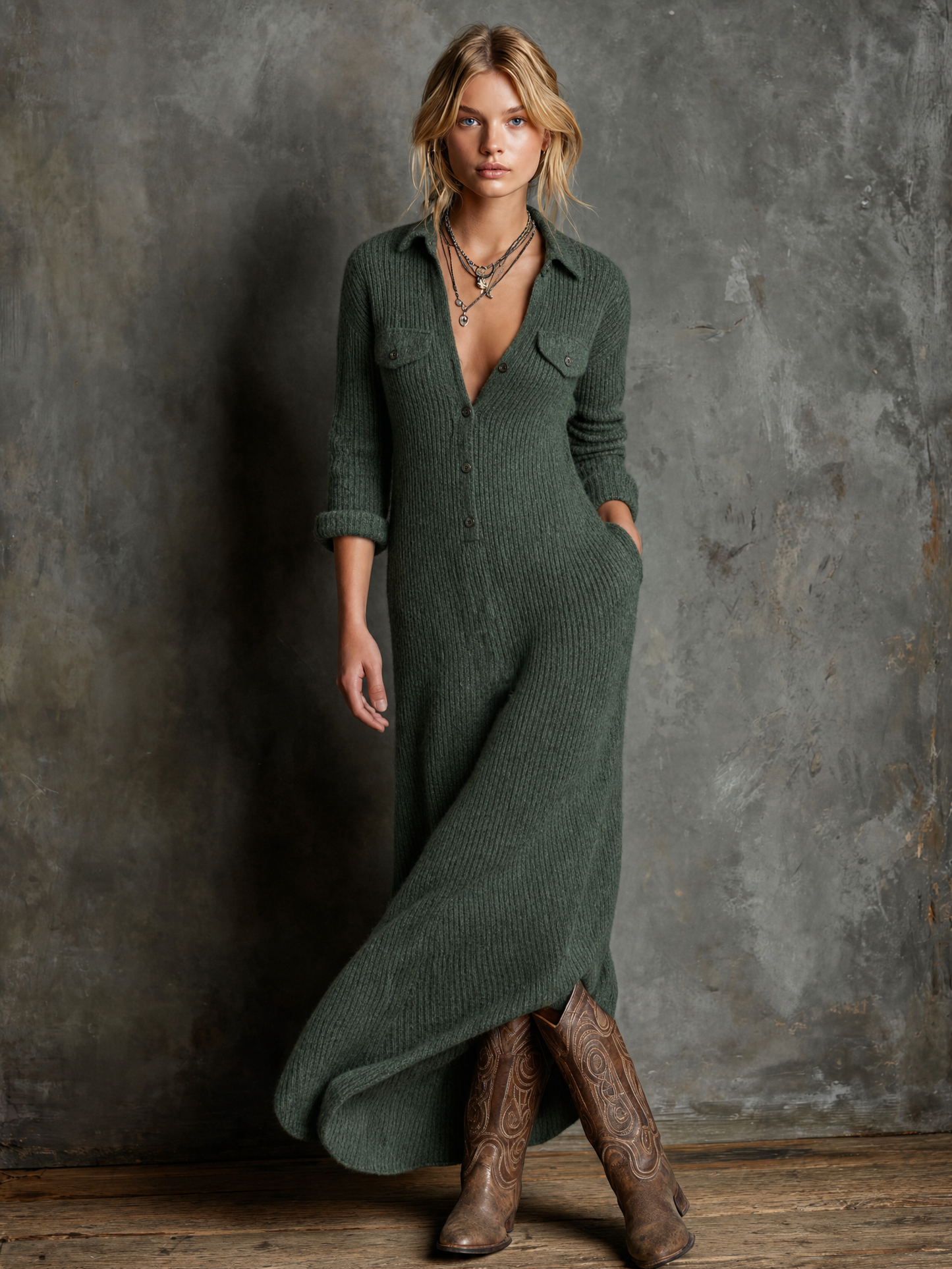 Women's Vintage Button-Front Collared Maxi Sweater Dress