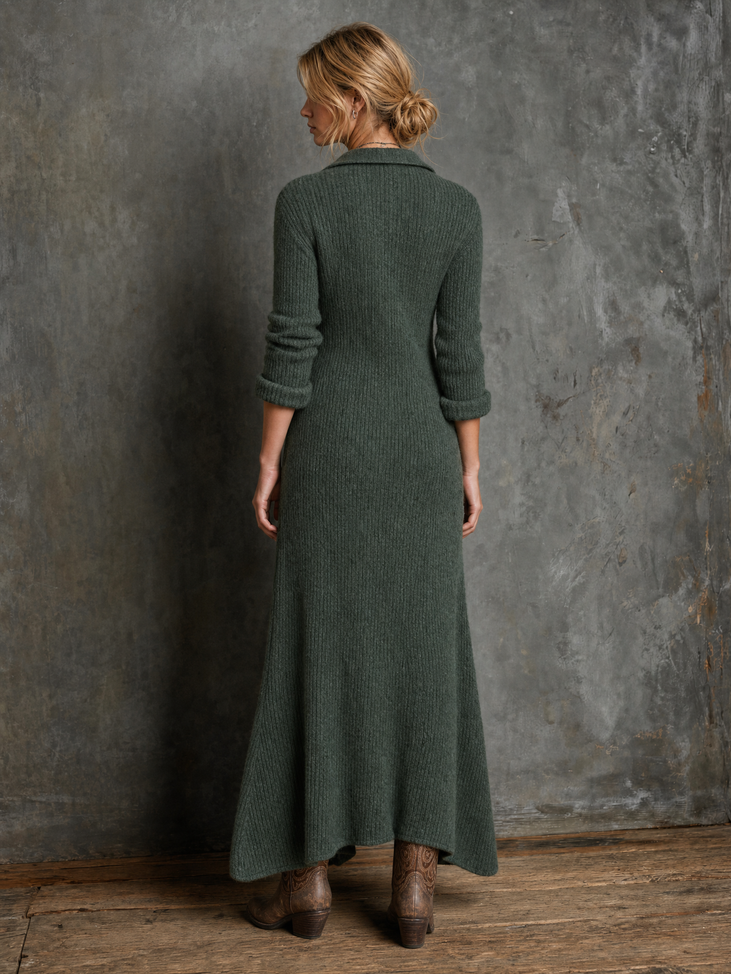 Women's Vintage Button-Front Collared Maxi Sweater Dress