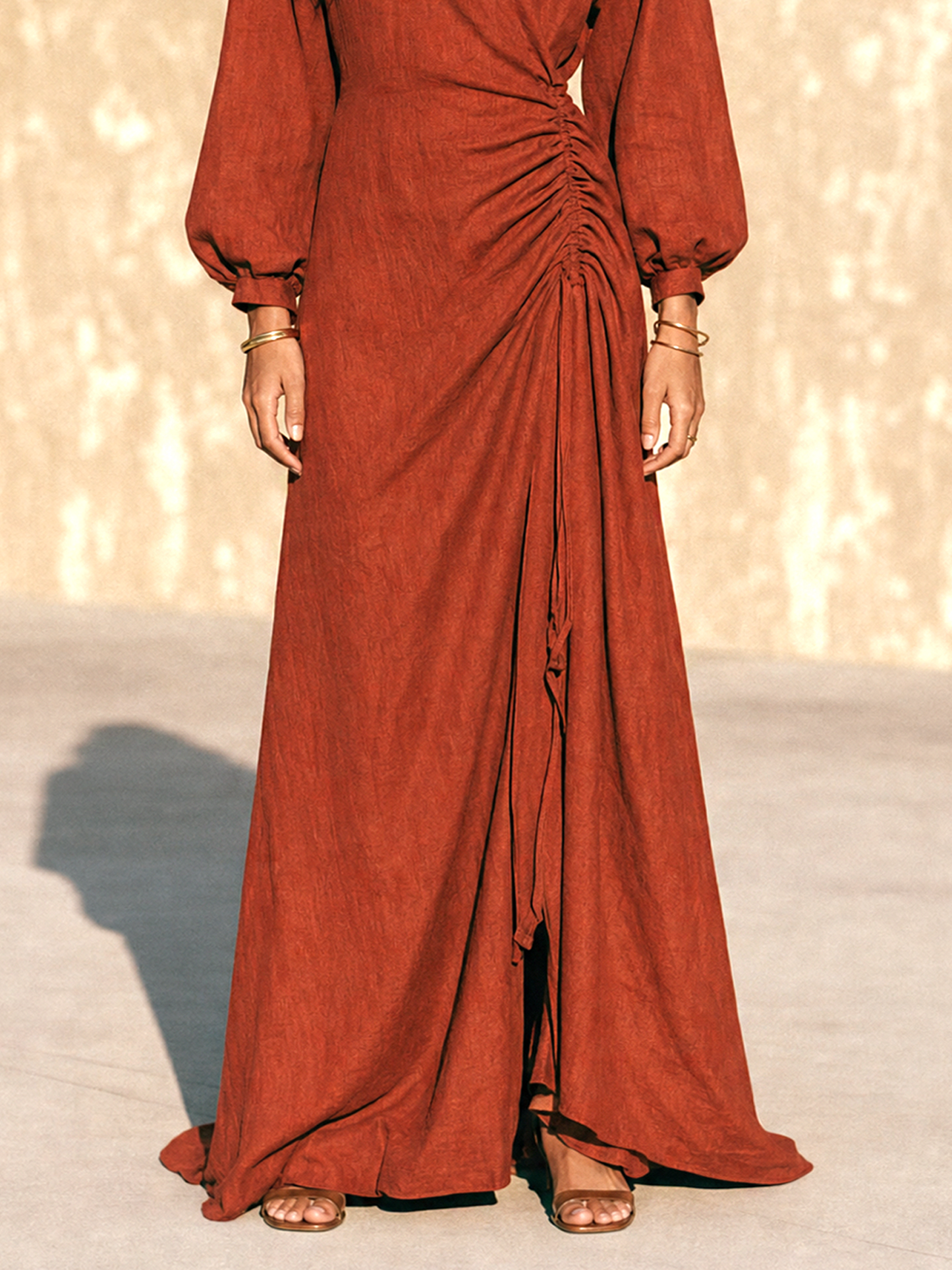Women's Vintage Long-Sleeve Maxi Dress With Side Ruching