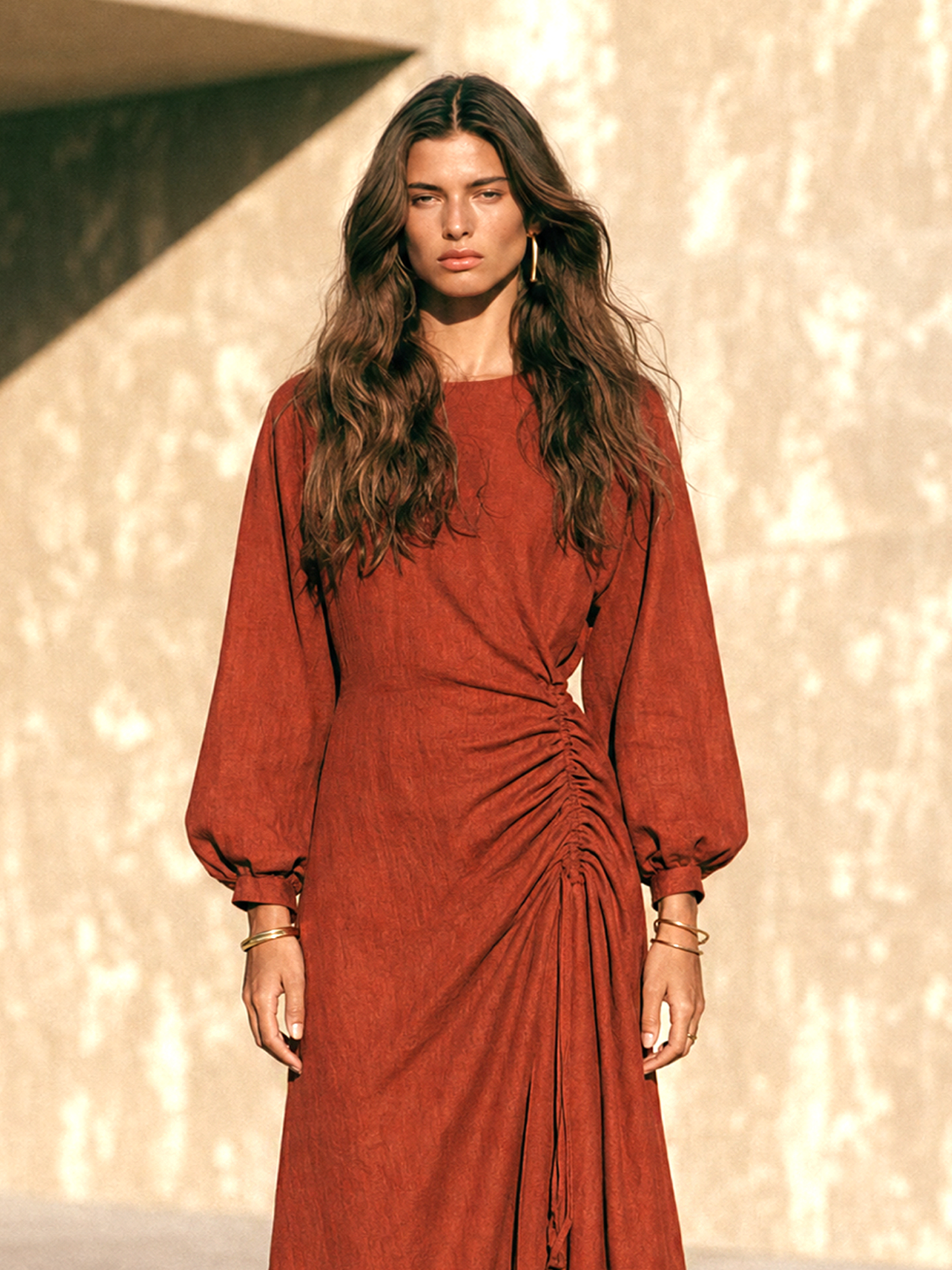 Women's Vintage Long-Sleeve Maxi Dress With Side Ruching