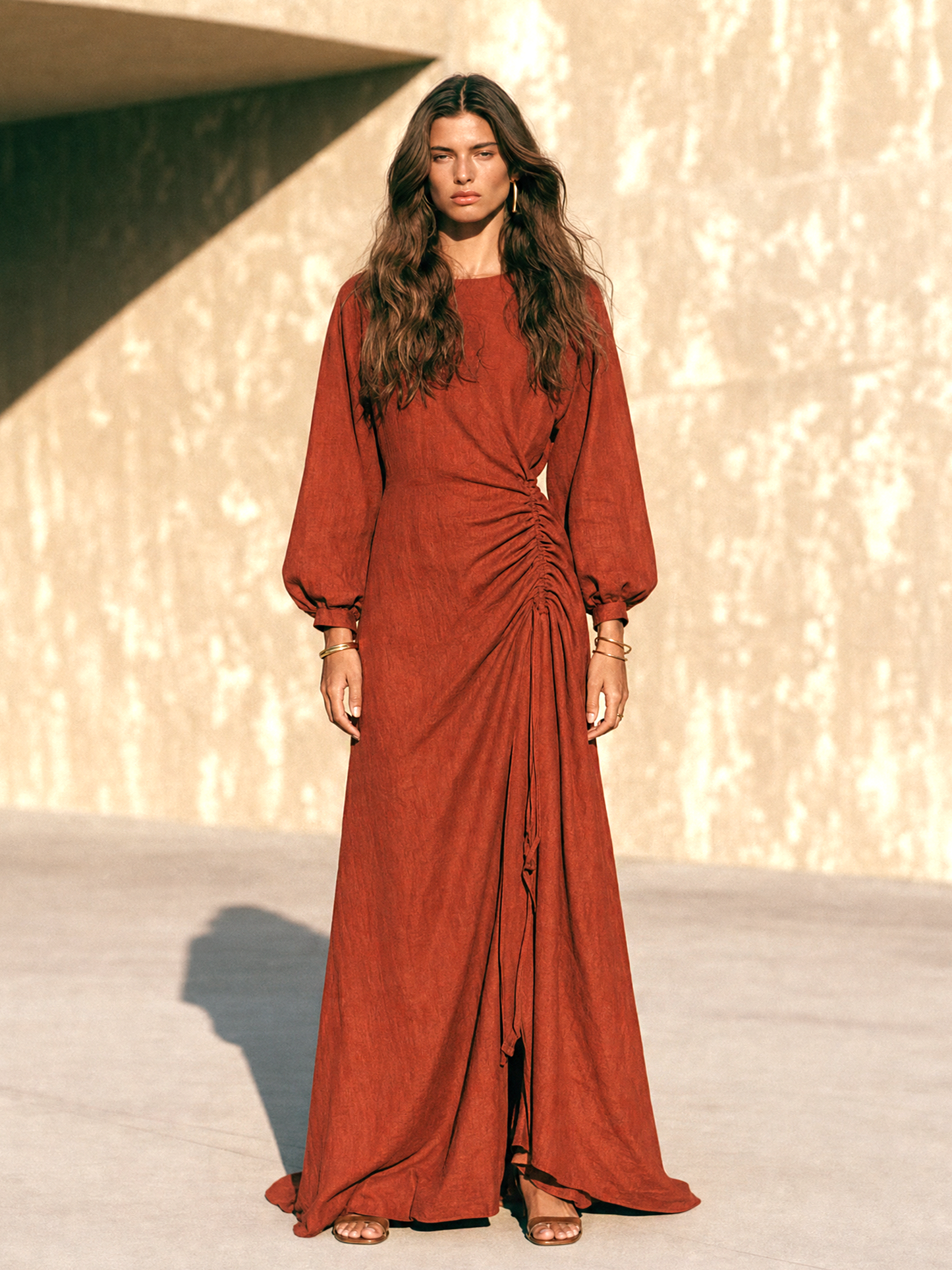 Women's Vintage Long-Sleeve Maxi Dress With Side Ruching