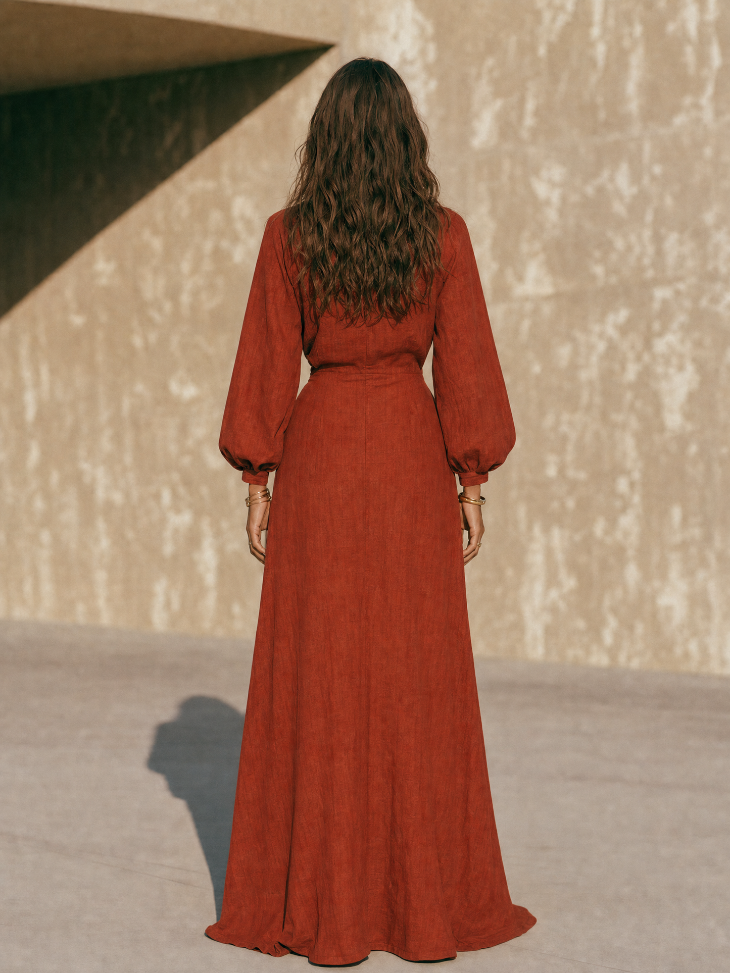 Women's Vintage Long-Sleeve Maxi Dress With Side Ruching